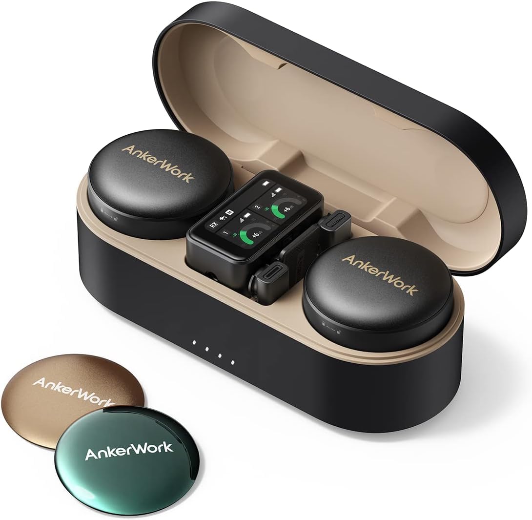 AnkerWork M650 microfono senza fili Lavalier, cancellazione professionale del rumore, copertina magnetica, acquirente a 2 canali, batteria da 15 K, vlog e live stream, non adatto per conferenze