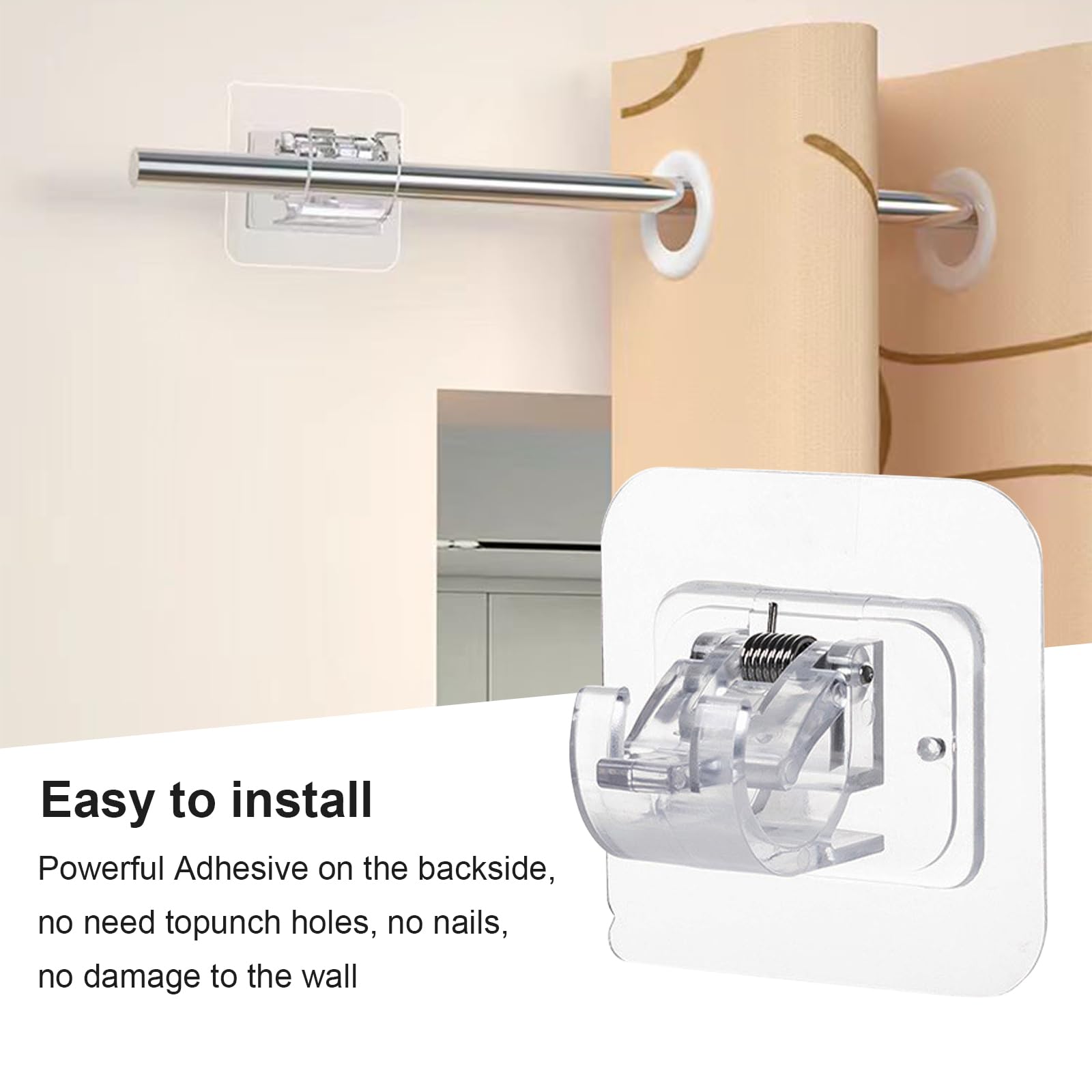 4 Supports Tringle à Rideau Auto-adhésifs (sans Perçage) - Pour Salle De Bain, Douche - Support 2kg (adhésif) Ou 20kg (vis)