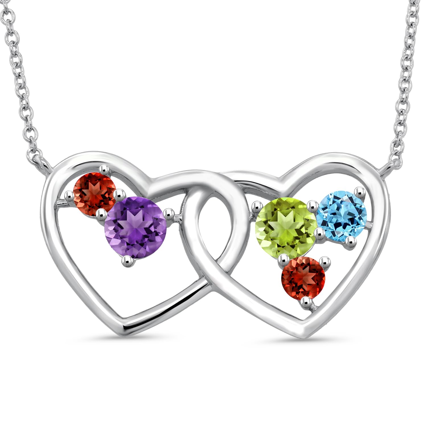 Gem Stone King Customized and Personalized 5-Round Double Heart Mother's Pendant Necklace for Women | 925 Sterling Silver | Gemstone Birthstone | Jewelry Gift for Mom Women Wife | With Silver Chain