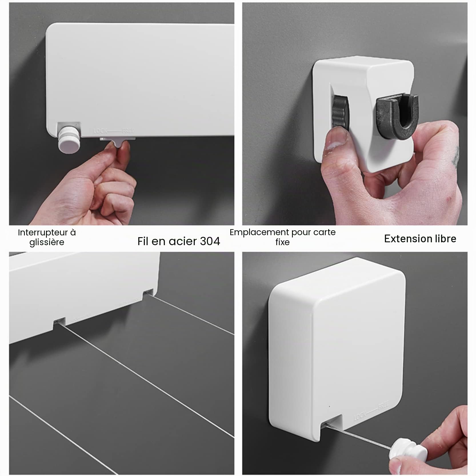 Étendoir à linge rétractable de 6 m, fixation murale, robuste, avec câble métallique en acier inoxydable 304, pour intérieur et extérieur, blanc