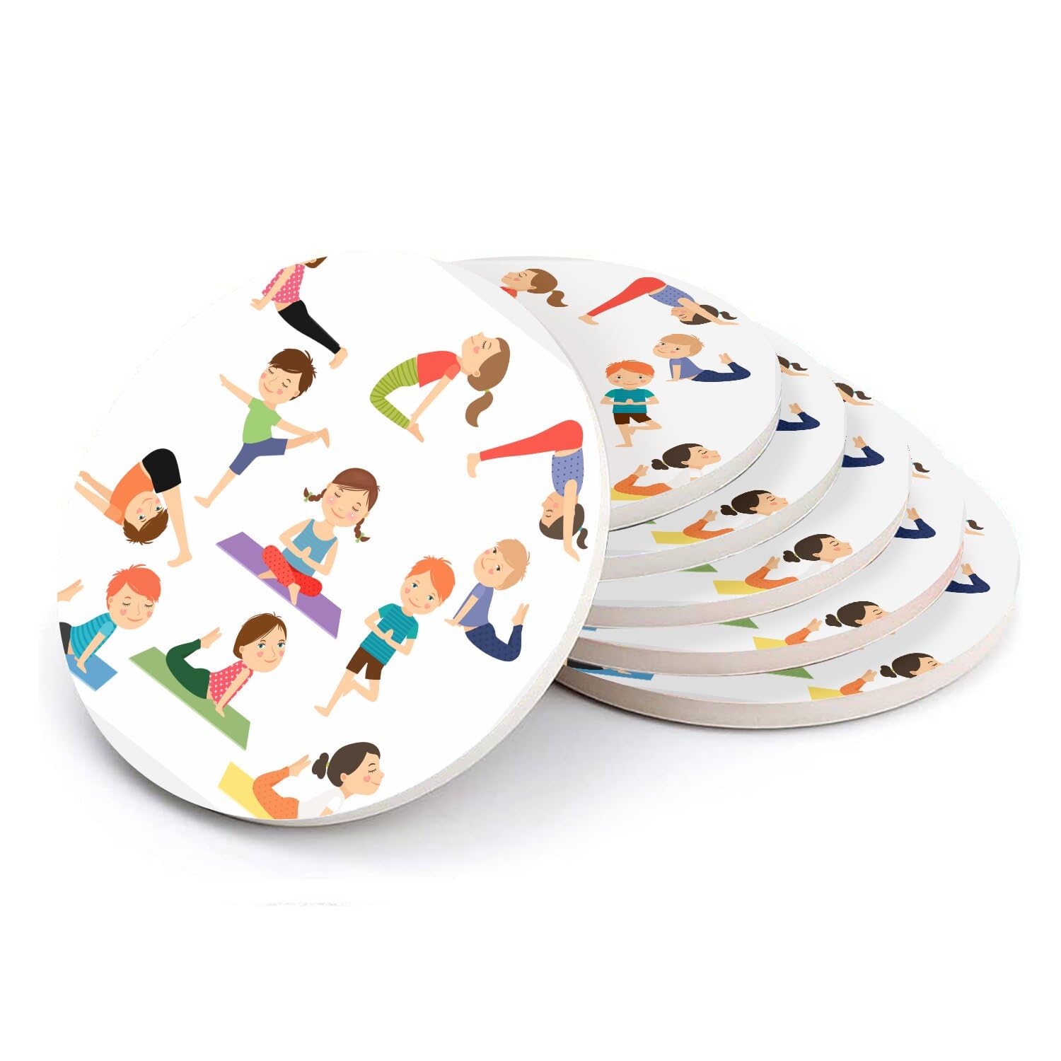 Sous-verre ronds en céramique Yoga Enfants : lot de 6 asanas pour table