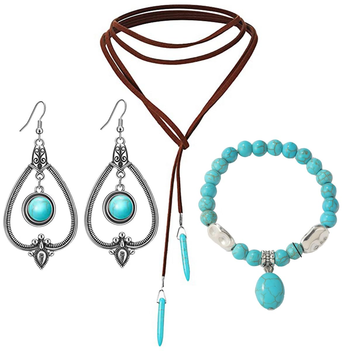 YWhalep4 Pieces Bohemian Turquoise Jewelry Set for Women, Necklace Earrings Bracelet Boho Jewelry Set, Pendant Vintage Necklace Set
