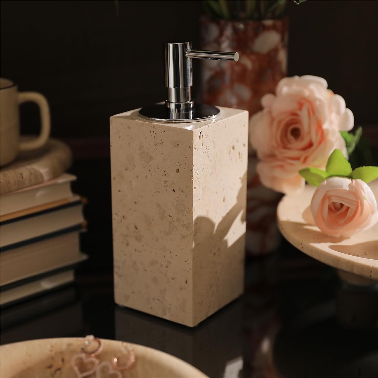 Flaschen Natürlicher Luxus-Seifenspender, speziell for Badezimmer, Travertin-Emulsionsstein Ästhetische Küchendekoration