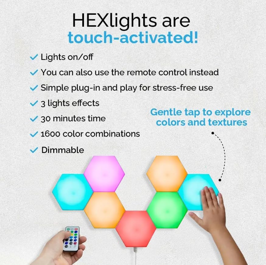 Miniatura 3 de Emberela HEXlights - Luces sensoriales para niños, paquete de 7 luces hexagonales táctiles, control remoto, paneles LED de pared para sala