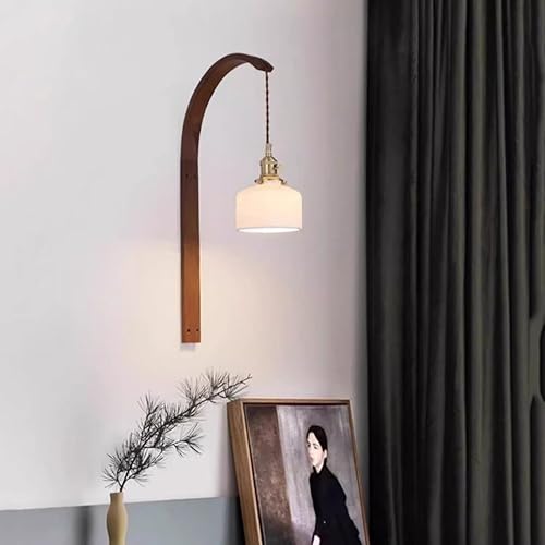 Miniatura 6 de Mid Century Modern Wall Sconce Vintage Amber Glass with White Ceramics Gooseneck Farmhouse Wood Hanging Light for Bedroom Living Room Hallway E26E27