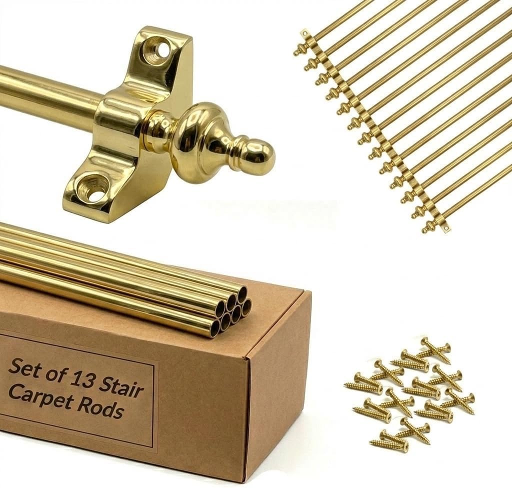 Stair Carpet Rods, Set of 10, Urn Finial, Polished Brass, for Carpet Runners up to 70 Centimetres Wide (Polished Brass)