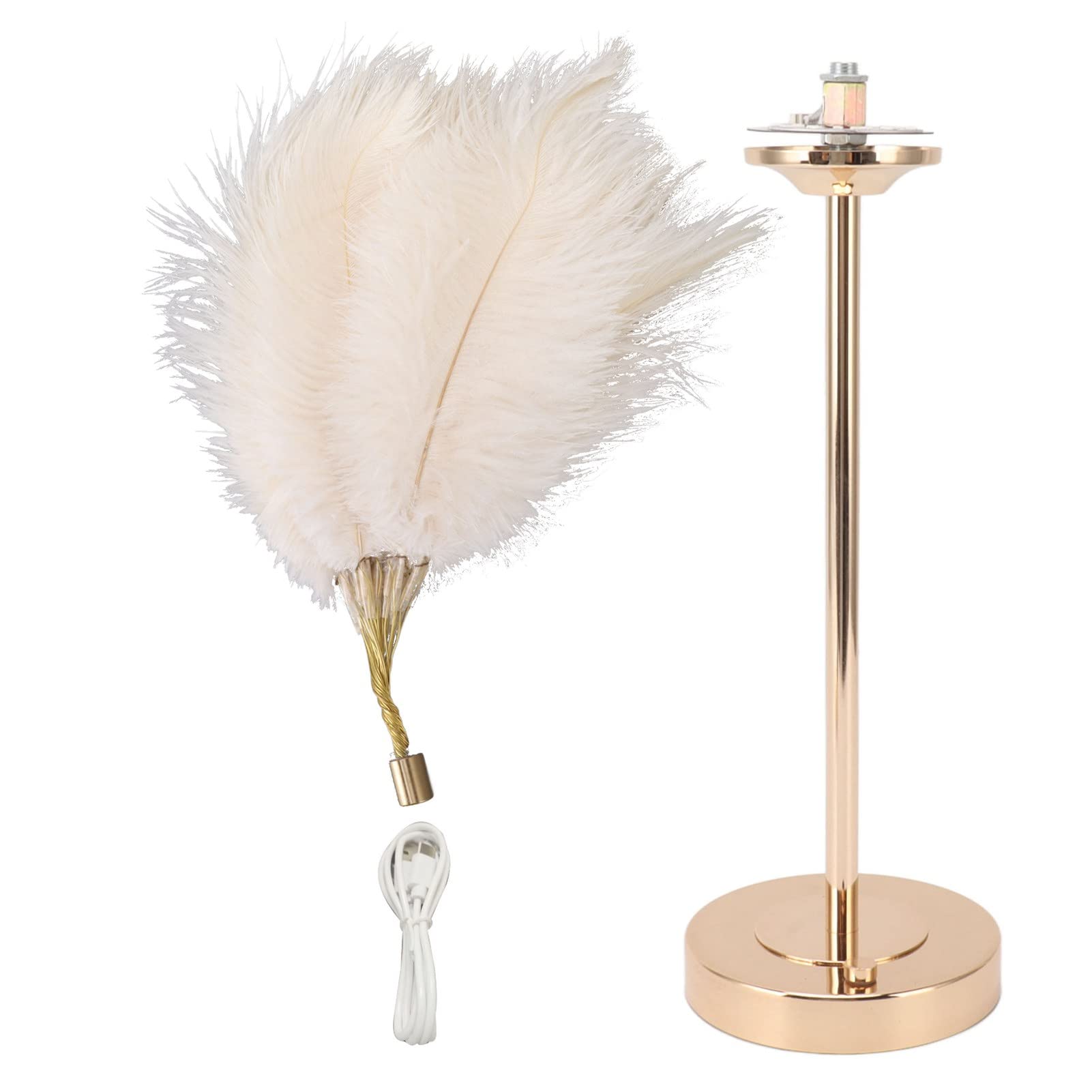 Fdit Feather Table Lamp 3 Color Dimmable Touch Control USB Powered with Faux Feathers and Metal Base for Bedroom Living Room Decor (White)