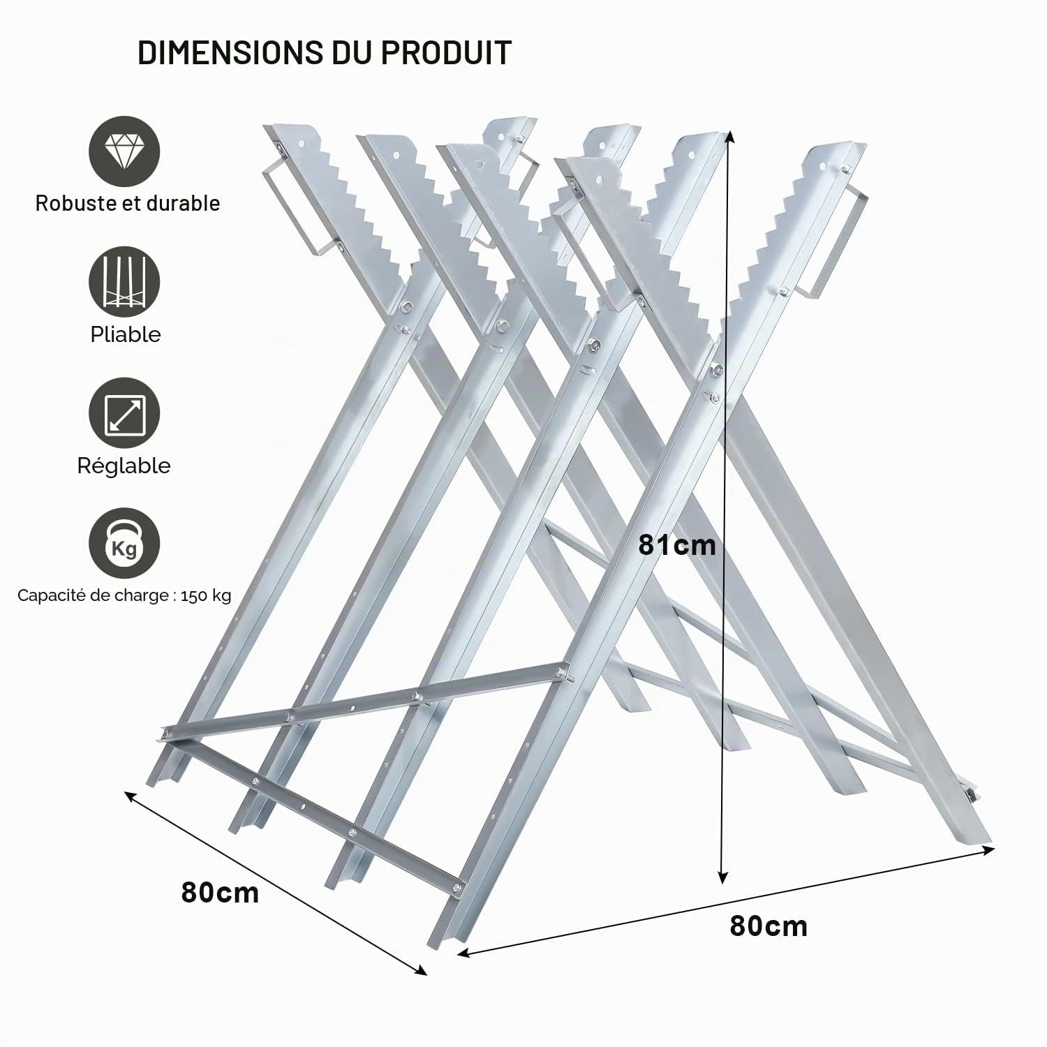 Tréteau de sciage pliable Support de sciage 81x80x80 CM, Support de scie pour sciage du bois avec capacité de 150 Kg, Chevalet pour tronçonneuse pour travaux de sciage du bois et bois de
