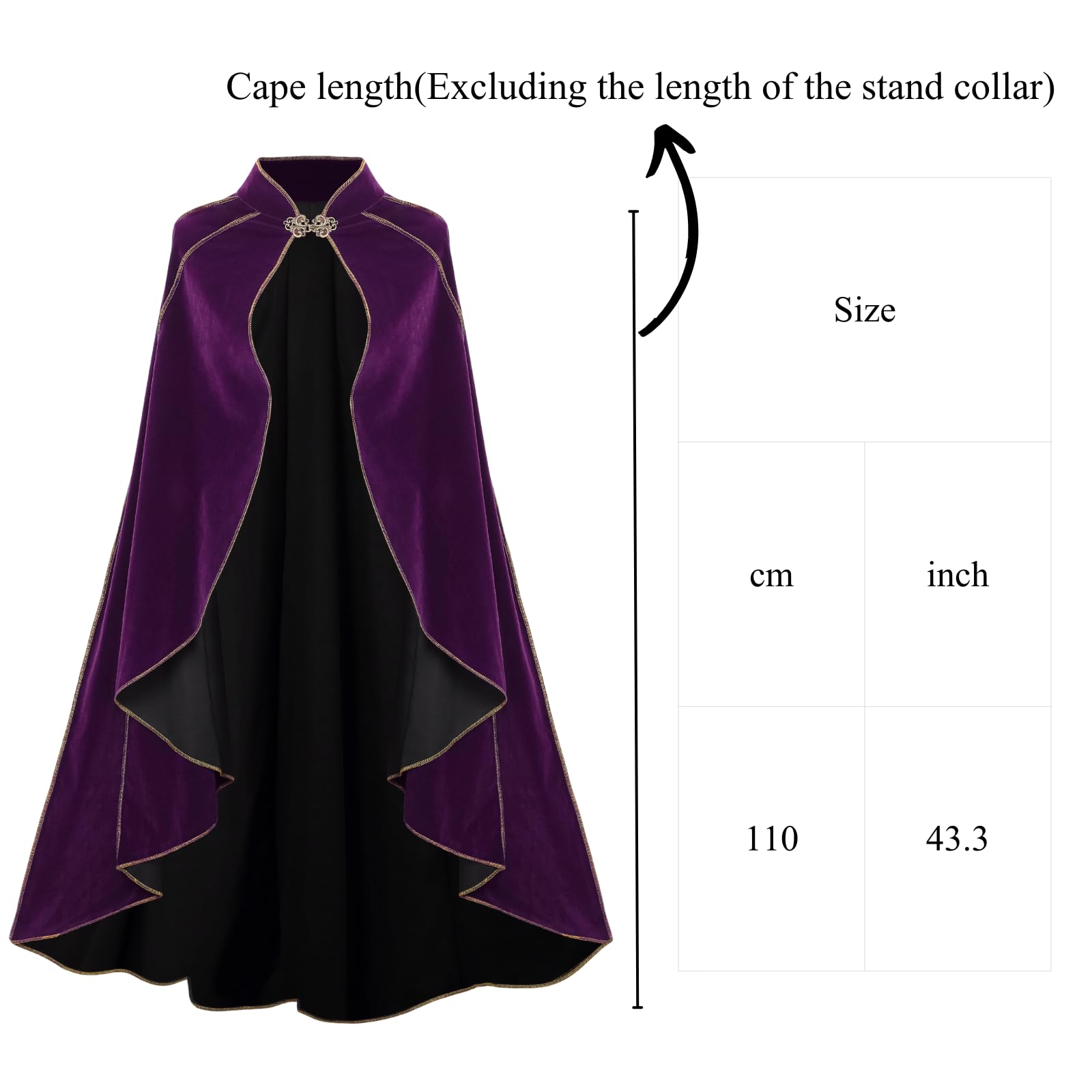 RRCBMD Womens Medieval Cloak Renaissance Victorian Deluxe Stand Collar Velvet Gold Trim Purple Cape for Adult Halloween Cosplay Dress Up 43.3Inch - Image 3