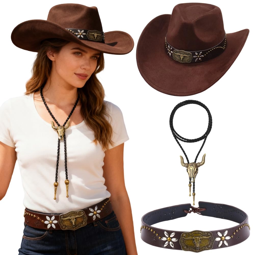 Cappello Cowboy Stile Western Con Decorazione In Bronzo E Accessori In Pelle, Perfetto Per Carnevale, Halloween, Feste A Tema E Occasioni Speciali Per Adulti