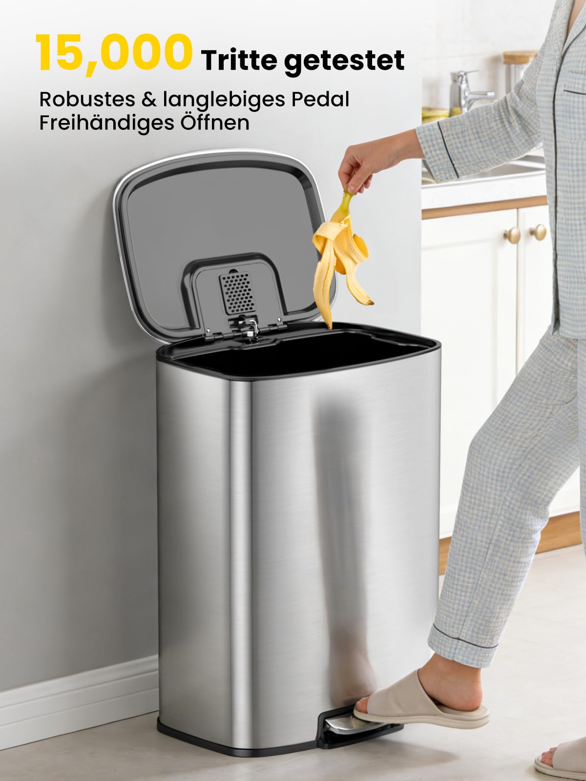 YEAUPE PRO Mülleimer Küche Edelstahl, Treteimer mit Fußpedal, Mülleimer mit Inneneimer, Abfalleimer Soft Close Deckel,Küchenabfalleimer für Mülltrennung inkl.15 Müllbeutel (50L Silber)