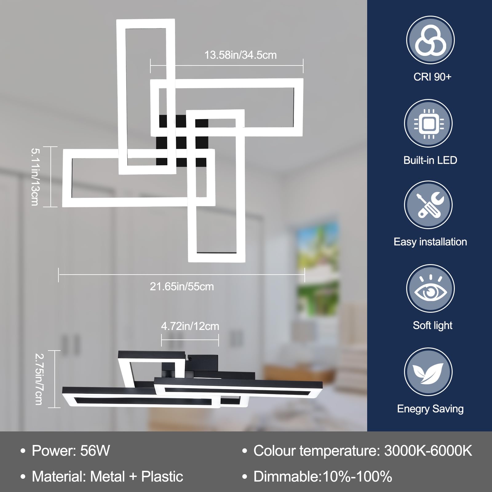 Lampa sufitowa LED, ściemniana, 56 W, 66 cm, czarna, nowoczesna lampa do salonu z pilotem zdalnego sterowania, 3000-6500 K, 4-kwadratowa lampa do sypialni, oświetlenie sufitowe LED, do biura