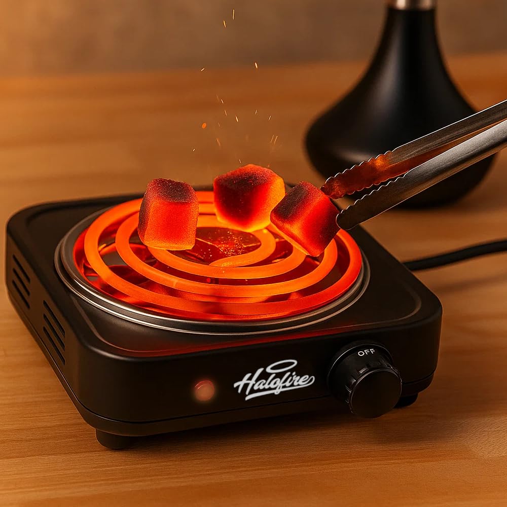 Halofire - Hornillo eléctrico 1000W para cachimba, Encendedor de alta potencia para carbón natural de shisha, Placa de fuego de cocina compatible para alimentos, camping fácil transporte. (Negro)
