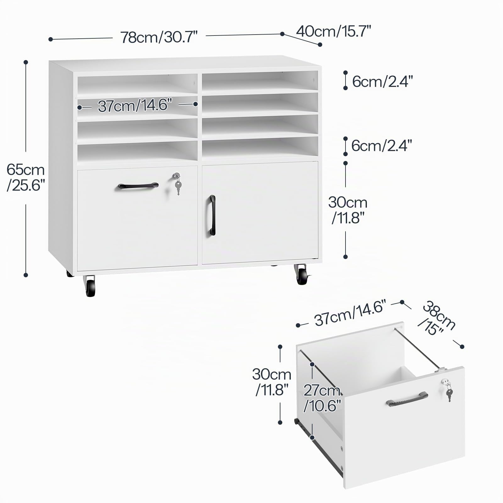 HOOBRO Rollcontainer mit abschließbarer Schublade und 8 Fächern, mobiler Aktenschrank, Schubladenschrank, Büroschrank, Bürocontainer, Schreibtisch Unterschrank, für Büro, Wohnzimmer, Weiß EWB55WJ01
