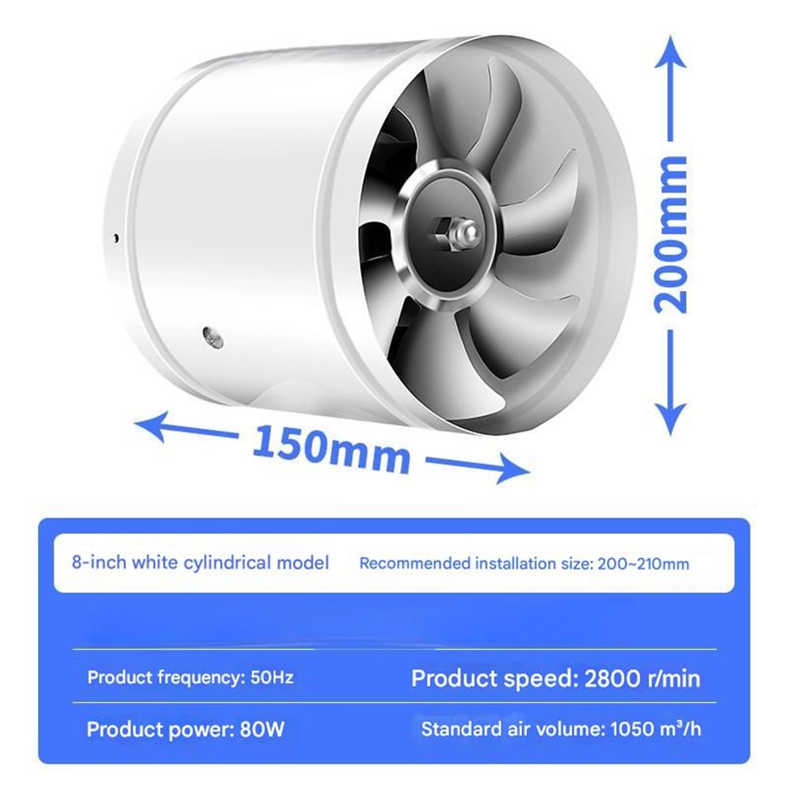 Extractor de tubo 8 ", ventilador aire, Metal, escape, Mini, pared for baño, conducto Tienda de cultivo(White,110(One-way))