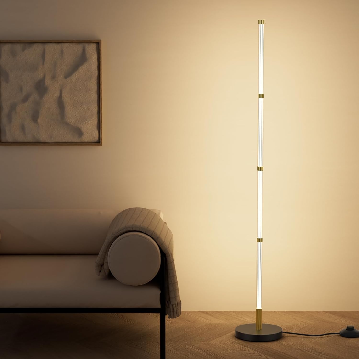 55.2" LED Corner Floor Lamp, Warm Light Led Reading Black Gold Floor Lamp with Foot Switch, Minimalist Acrylic Shade Warm White Light Standing Tall Floor Lamp for Living Room, Bedroom, Office