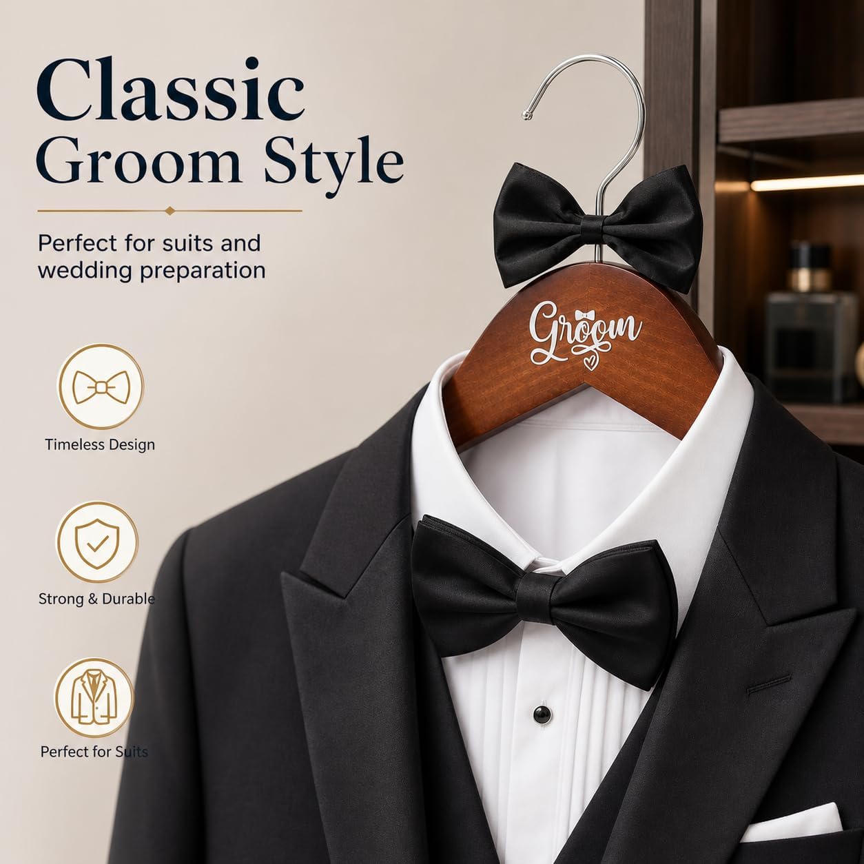 2 Pack Bride and Groom Wedding Hanger Set, Wooden Bride Hanger for Wedding Dress, Elegant Wedding Dress Hanger with Pearls and Bow Tie
