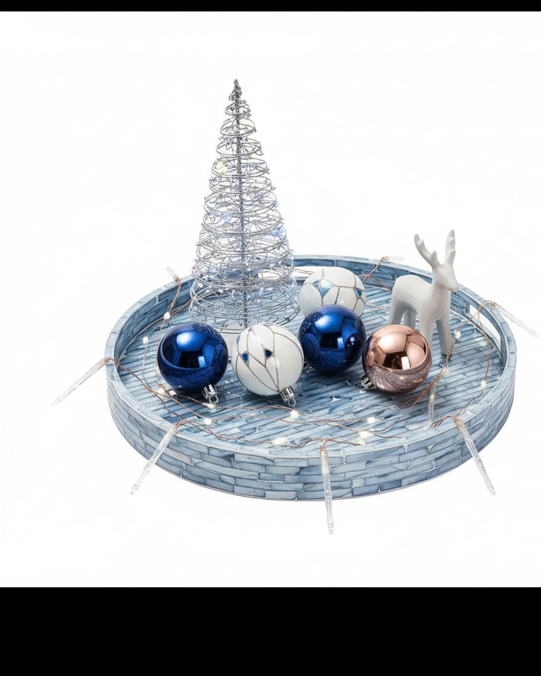PEMAR 12.6” Mother of Pearls Lacquer Inlaid Round Serving Tray with Handles, Round Decorative Nacred Wooden Ottoman Coffee Table Tray (Blue Tiles)