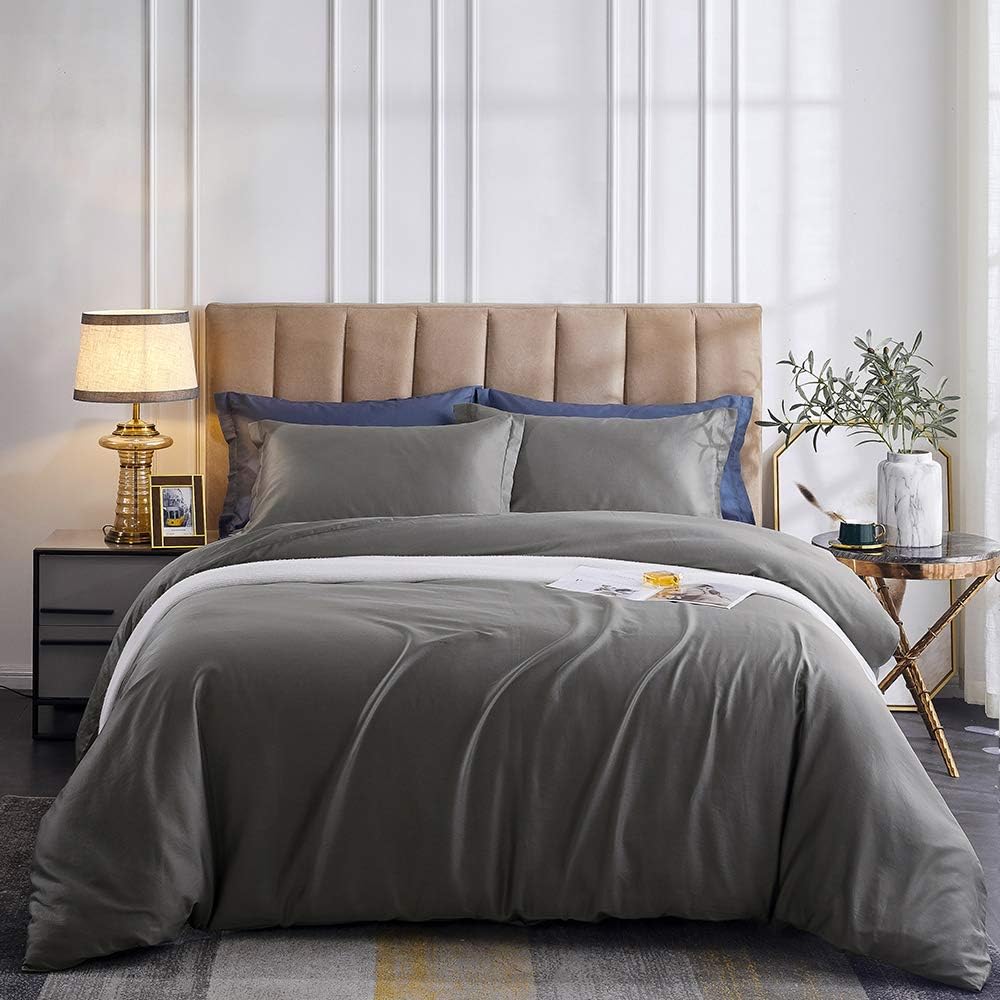OAITE Duvet Cover Set, 100% Long Staple Cotton 500 Thread Count 3pcs Bedding Set, Solid Gray Luxury Quality Soft Sateen Ultra Comfortable Easy Care with Button Closure & Corner Ties