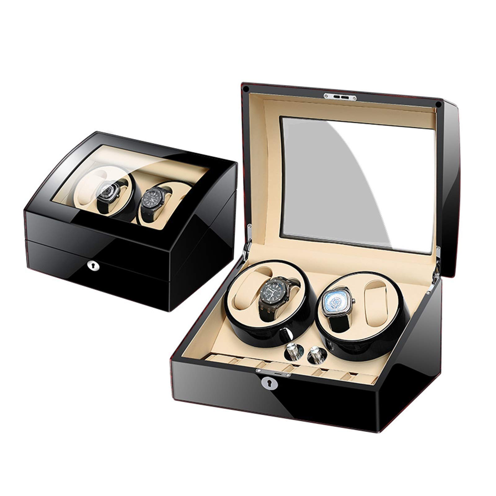 Caricatore Automatico per Orologi Scatola Carica Orologi per 4 Orologi + 6 contenitori con Chiave Guscio in Legno Vernice Pianoforte Esterno Adattatore e Carica Orologi Alimentato