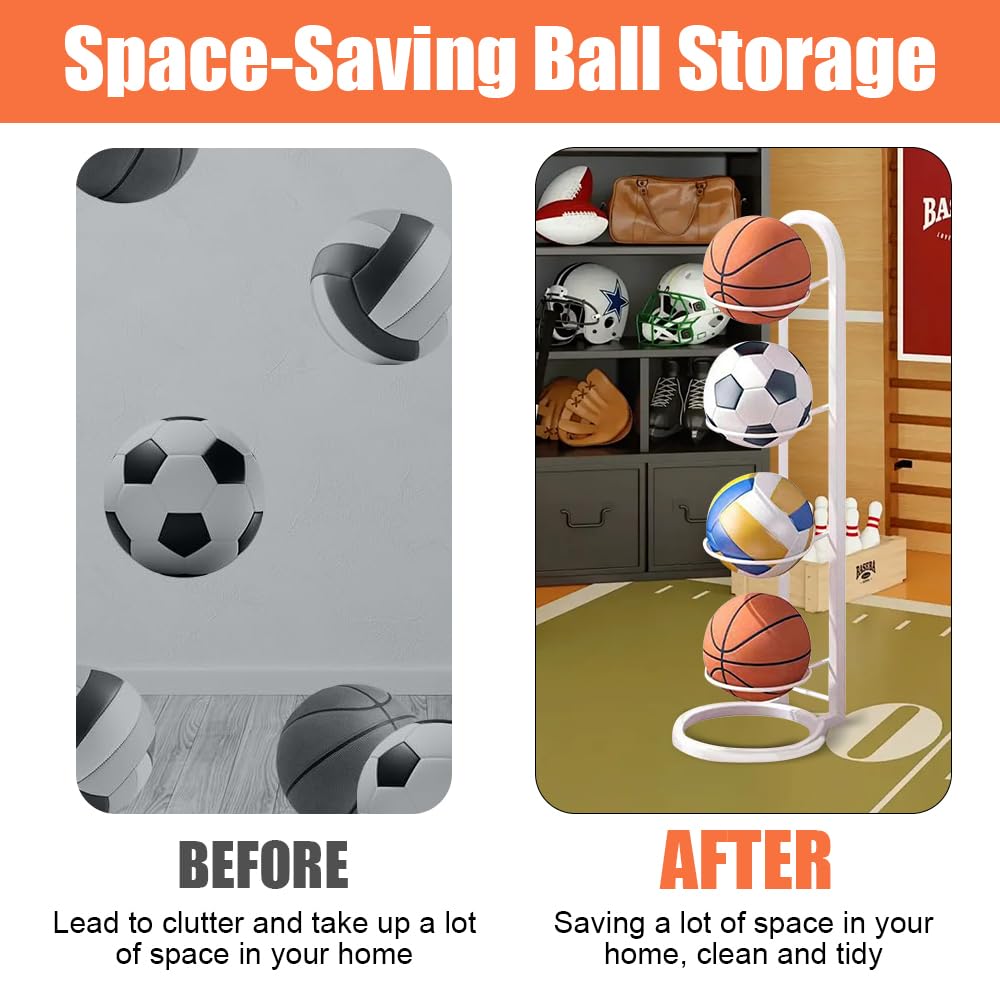 Soporte vertical para balones de metal, estante de 4 niveles para voleibol, baloncesto, fútbol (blanco)