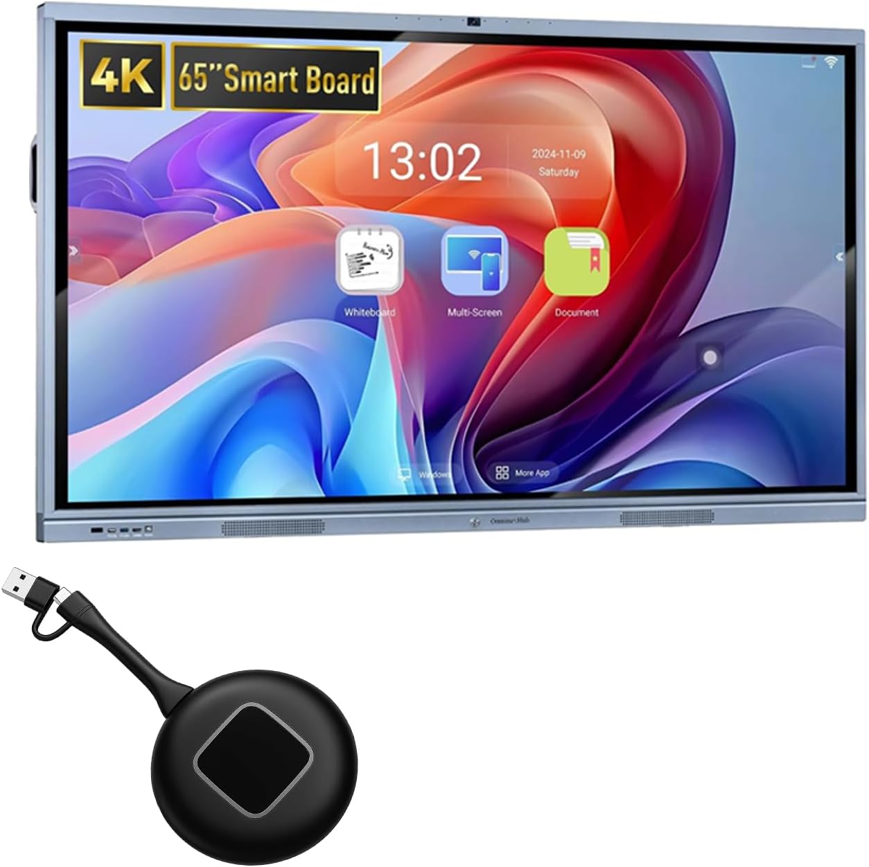 65" Smart Board with Wireless Display Adapter, Interactive Whiteboard, 4K UHD Touch Screen Digital Board, Digital Electronic Smartboard with Dual System, for Classroom and Office (Wall Mount Included)
