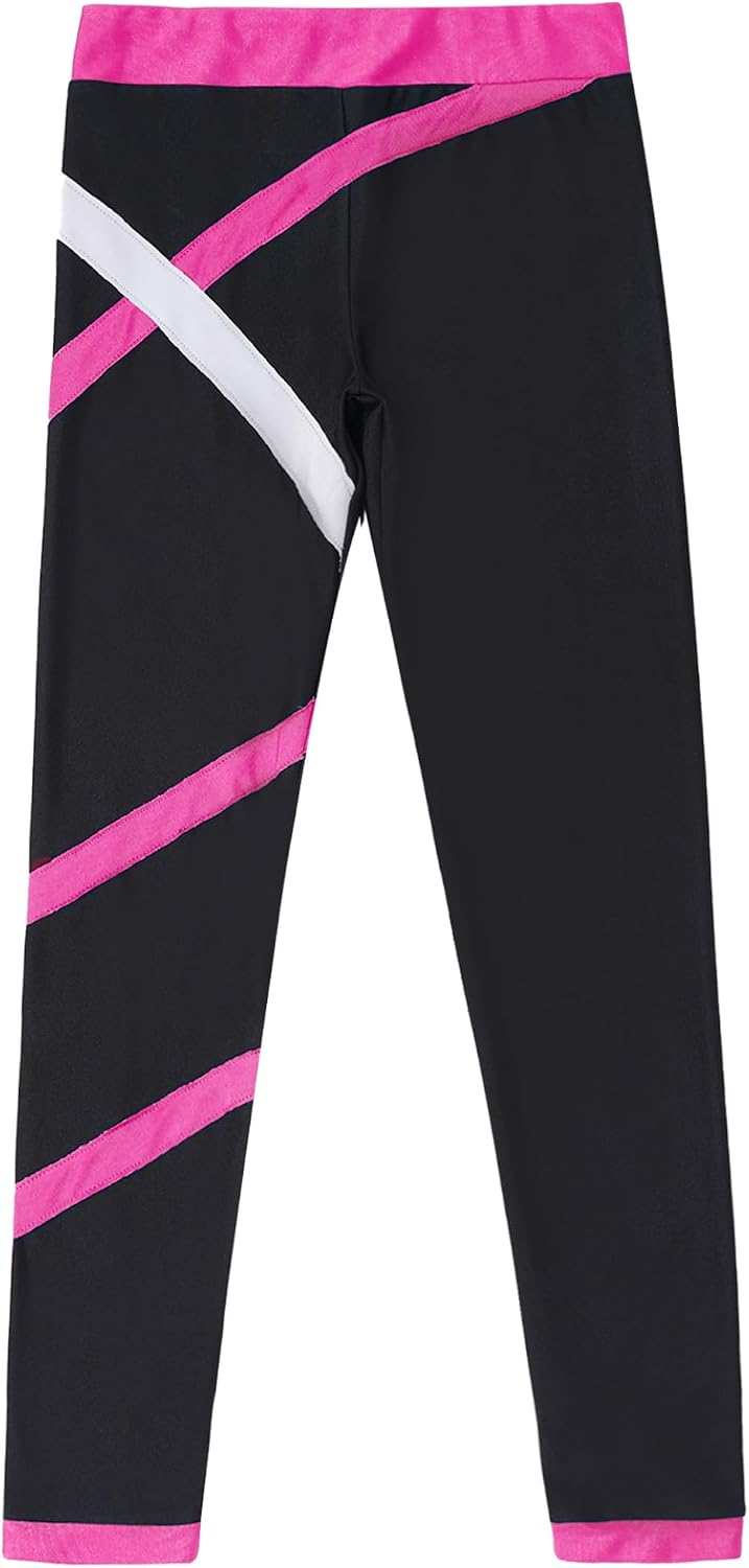 Girls Figure Skating Leggings Color Block Stretchy for Ice Rink Practice Competition