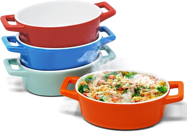 Joejis Set of 4 Mini Oval Ceramic Oven Baking Dishes - Ideal for Mini Lasagne Shepherds Pie and More - Small Casserole Dish - Individual & Kids Portion - 4 Colours