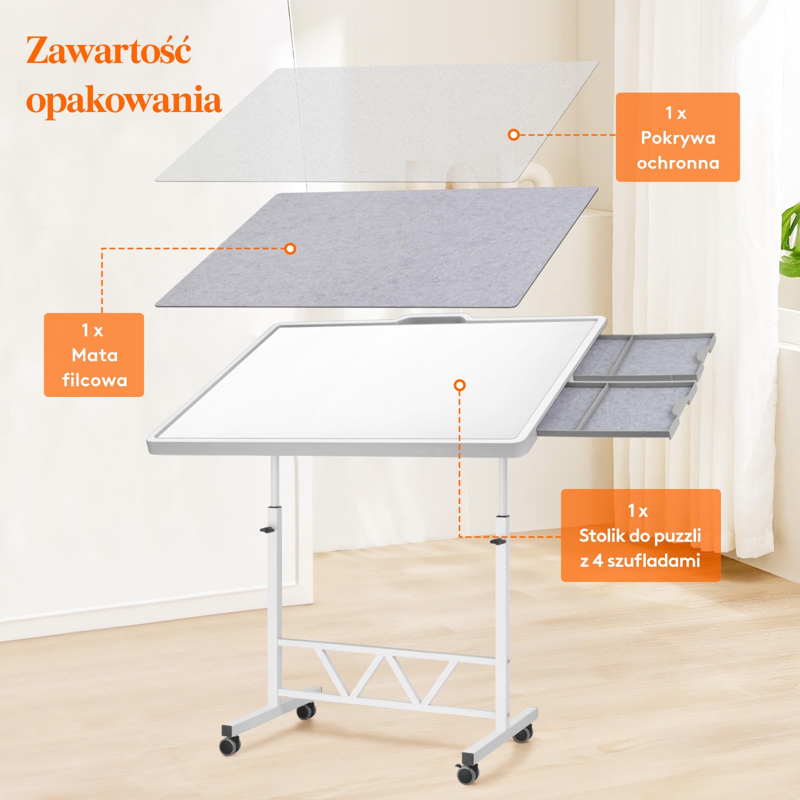 Lifewit 1500 ruchomych puzzli z 4 szufladami / pokrywa, 88,9 x 68,5 cm, deska do puzzli z uchylnymi uchwytami, filcowe półki, stół puzzle z regulacją wysokości, z kółkami blokującymi, biały