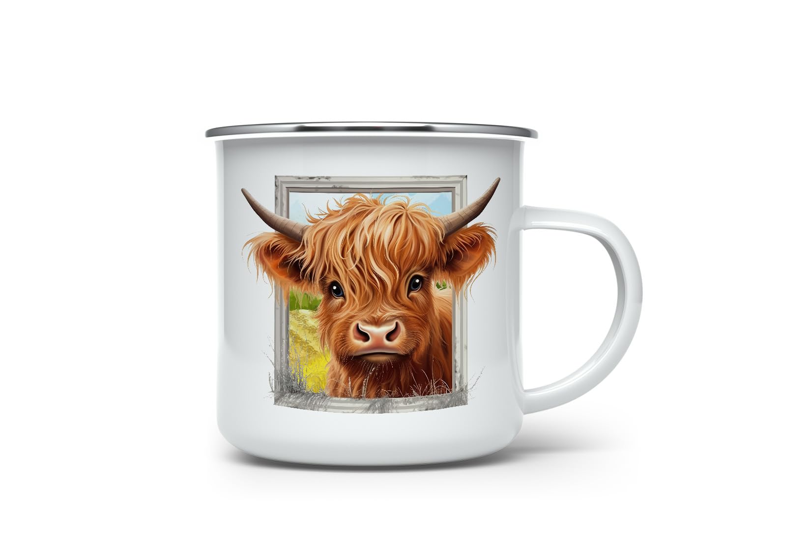 MAXIKIWI - Durable Enamel Coffee or Tea Camping Mug for Indoor Outdoor Use - Cute Highland Cow - 350ml