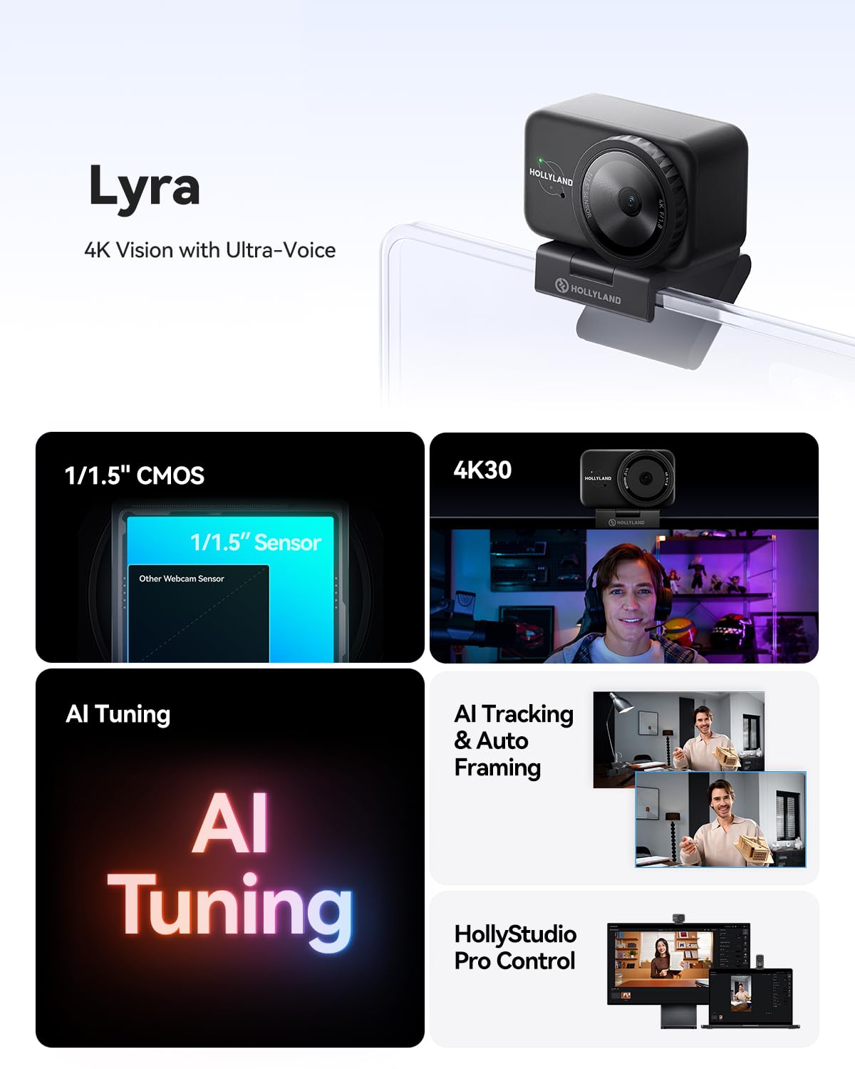 Hollyland Lyra Webcam UHD 4K Webcam for PC, 1/1.5" Sensor, Auto Framing, PDAF, HDR, Control for Live Streaming, Video Calls, Gaming, Works with Zoom, Teams, Twitch & More(with Mic