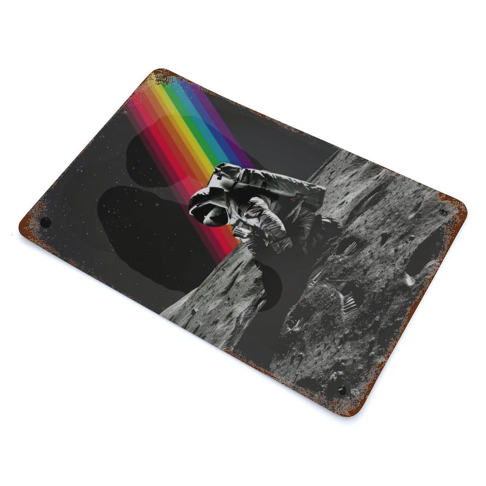 Astronaut Cosmic Rainbow Aged Metal Wall Plaque 11.8"x7.9", for Pub, Kitchen And Man Cave Decor, Decorative Metal Wall Art