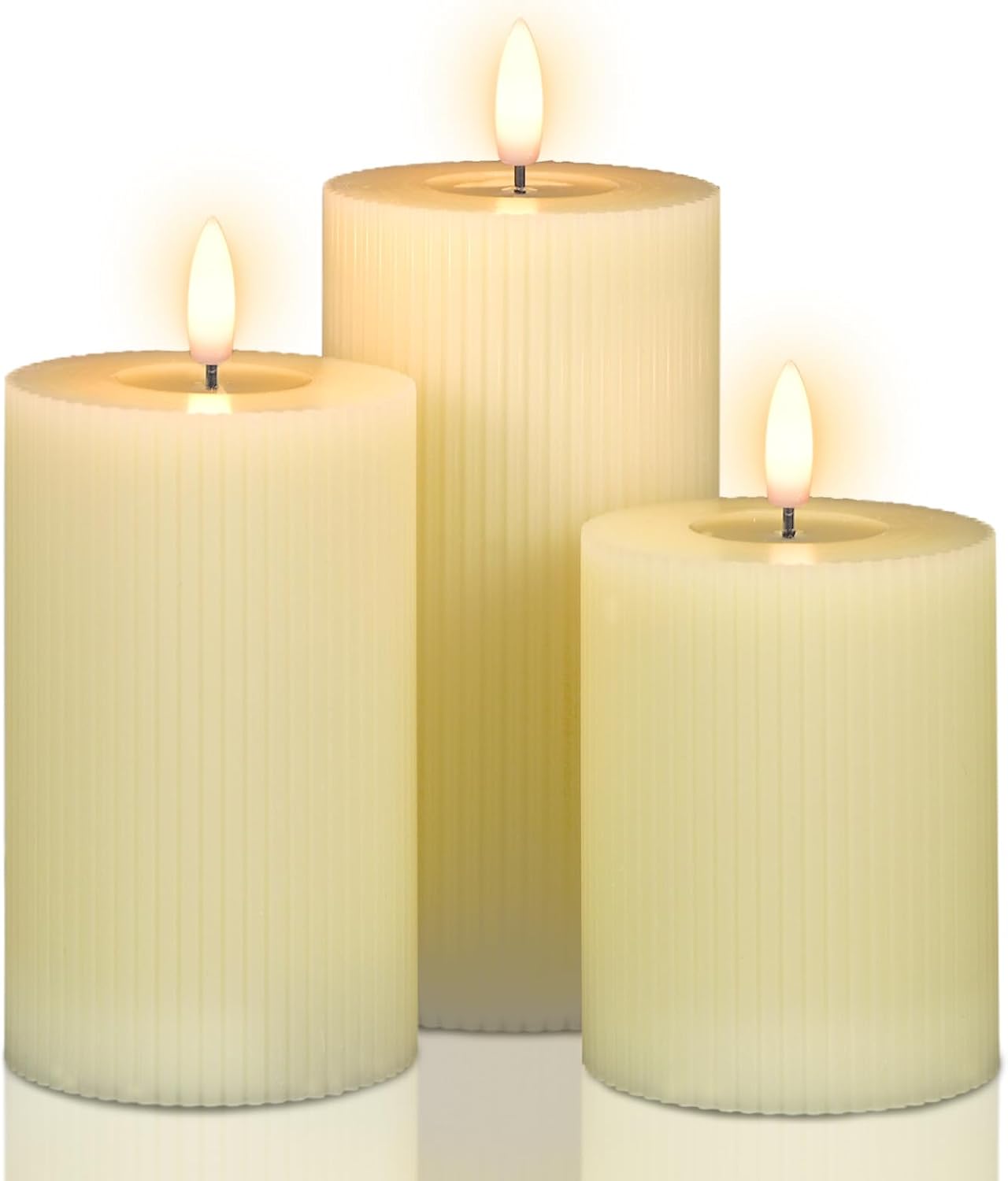 DRomance Battery Operated Flameless Candles with 6 Hour Timer 3 Pack Real Wax Vertical Stripe 3D Wick Flickering LED Pillar Candles Dinner Wedding Christmas Holiday Decor(Ivory, 3" D x 5", 6", 7" H) 3 Pack Ivory