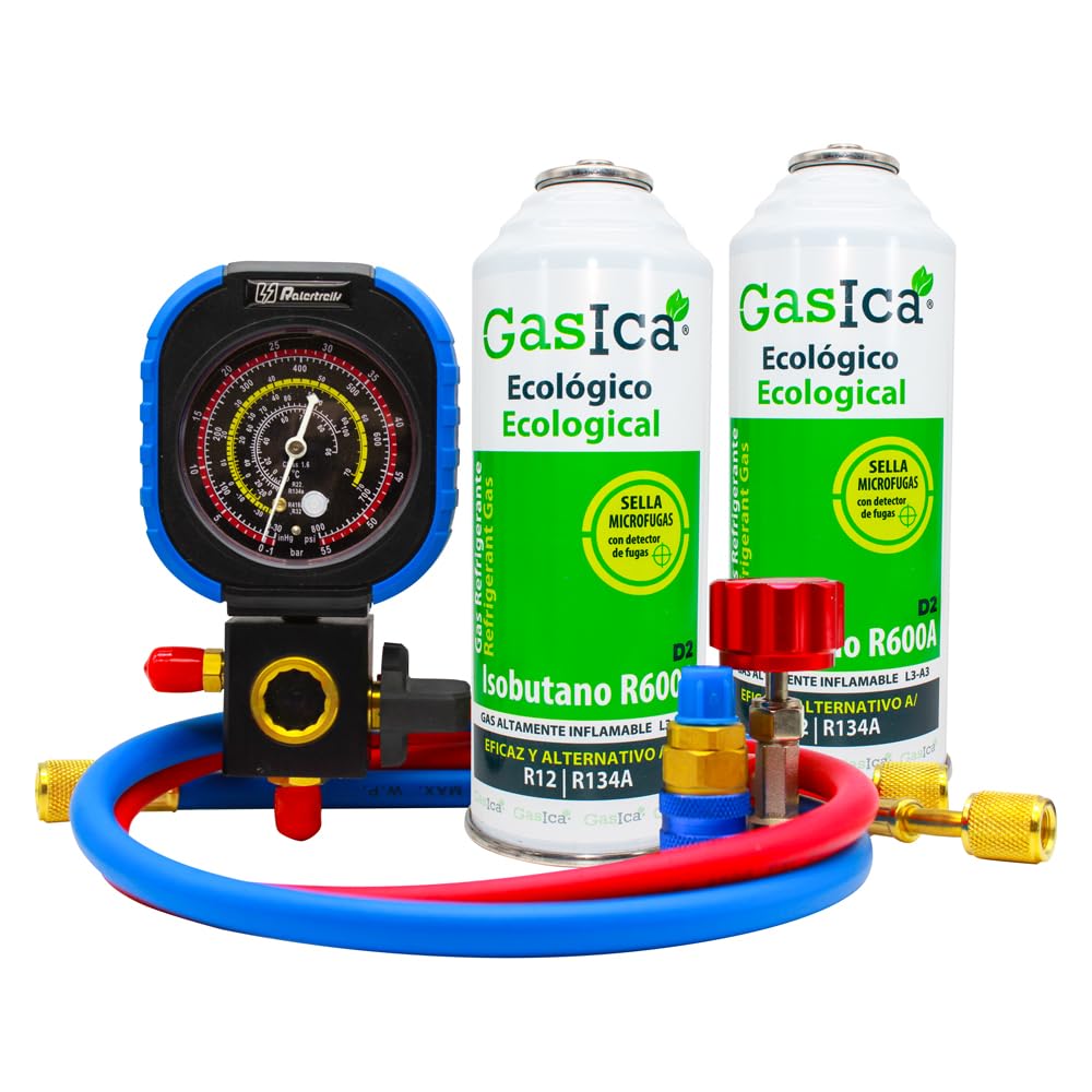 Gas refrigerante orgánico sustituto del R12 y R134A (2 botellas + manometro + llave + conector rapido)