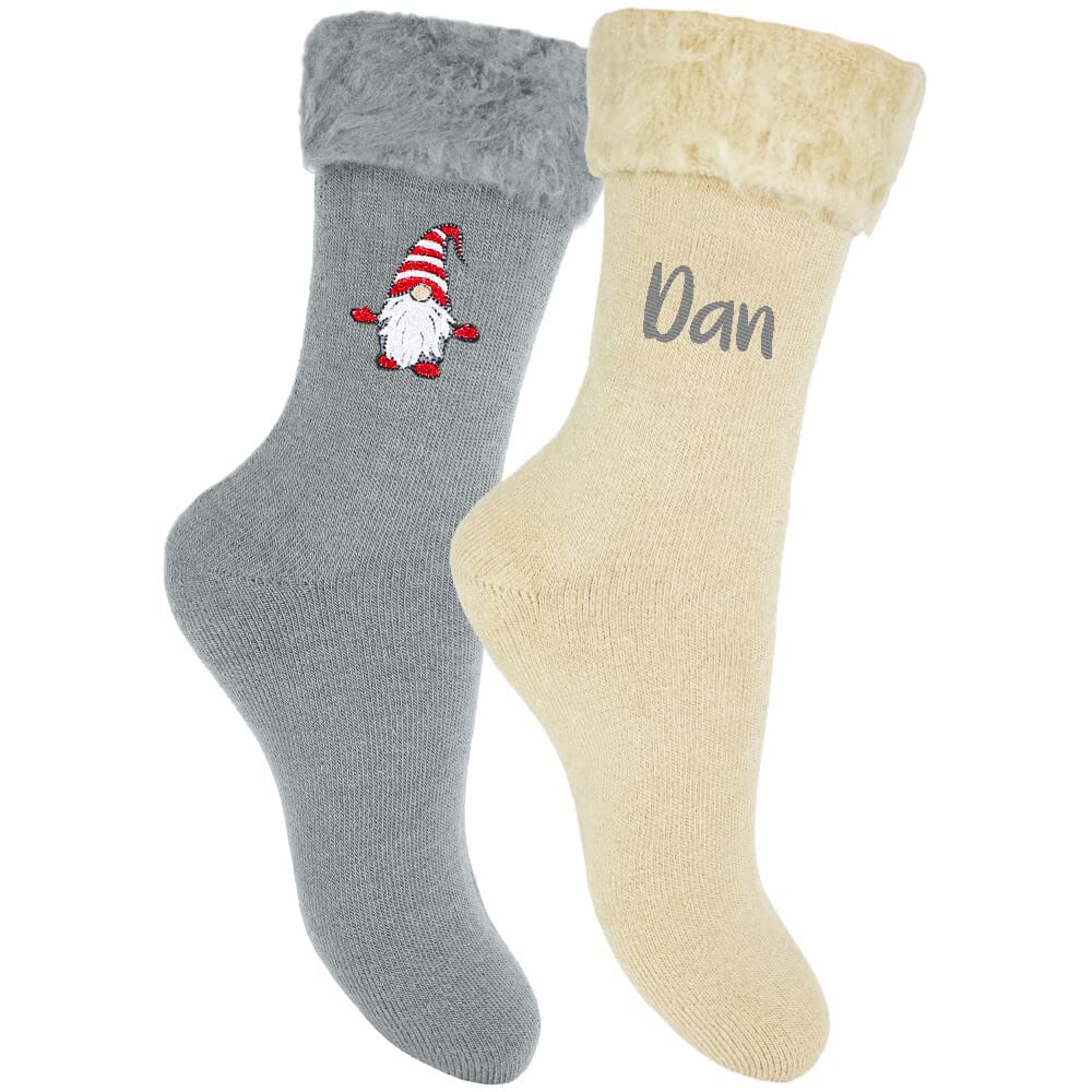 TeddyT's Men's Personalised Gonk Gnome Thermal Bed Socks Gift Set (Grey & Cream) (Red Gonk)