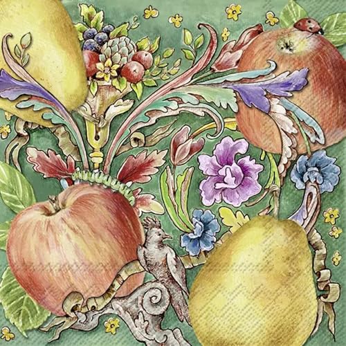 Set of 2 Individual Decoupage Paper Party Napkin Apples Pears Flowers Bugs Watercolor Decor Luncheon Napkins for a Birthday Holiday, Wedding, Cocktail Party