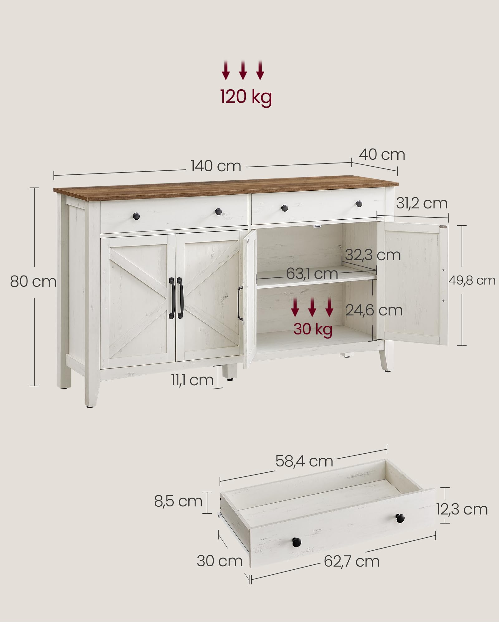 VASAGLE Kredens, szafka do przechowywania z szufladą, szafka kuchenna z drzwiami i regulowaną półką, styl wiejski, do salonu, jadalni, 40 x 140 x 80 cm, rustykalna biel i miodowy brąz BBK381W02