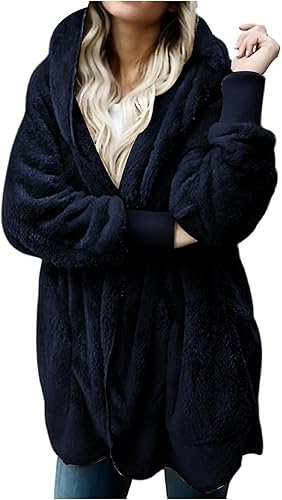 KAJXZ Fleece Jacket for Women Fuzzy Hooded Long Sherpa Coats Warm Open Front Car