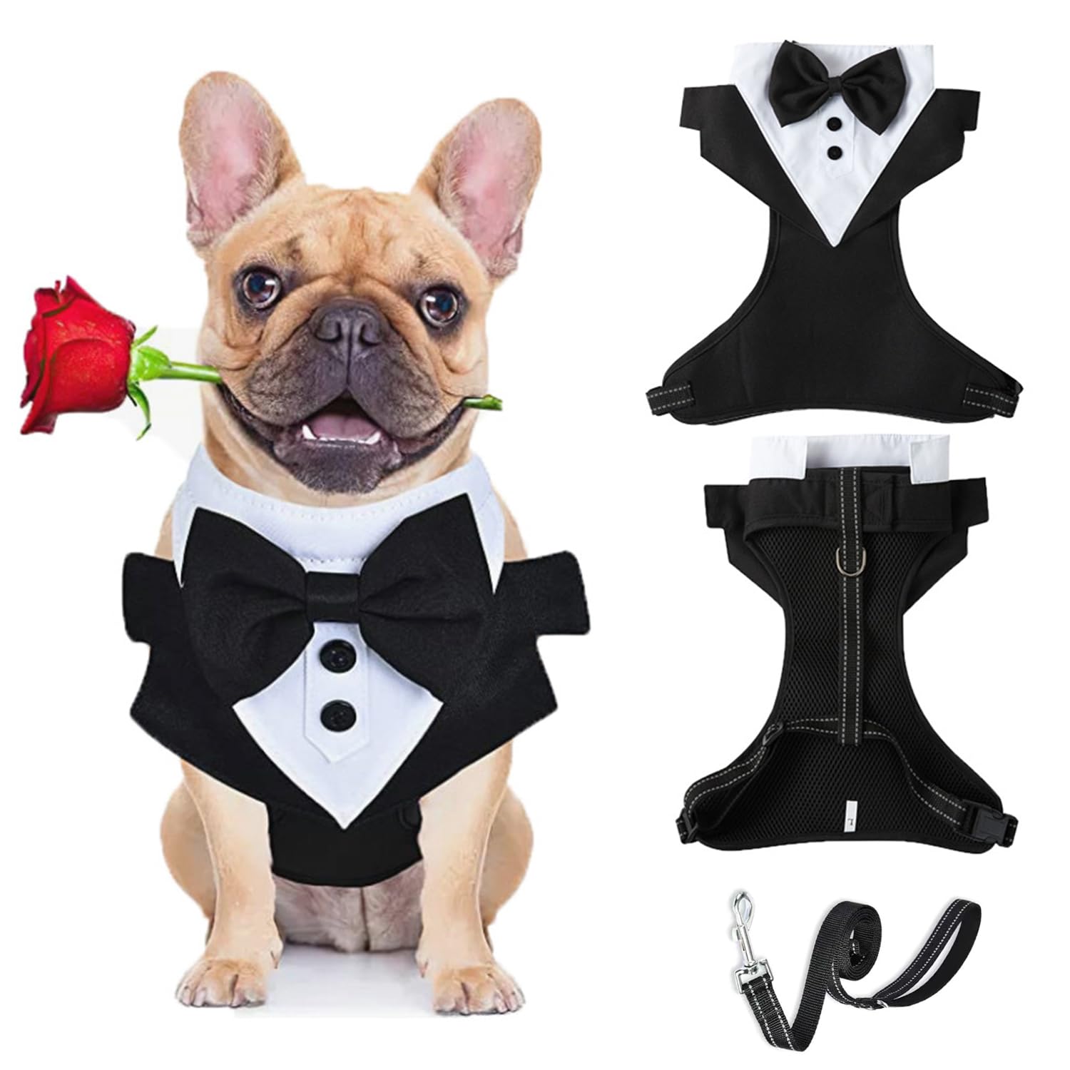 BT Bear Tuxedo Dog Harness with Leash, Formal Harness Bow Tie for Wedding,Mesh Dog Tuxedo Vest Harness for Small Medium Dogs,Black_M
