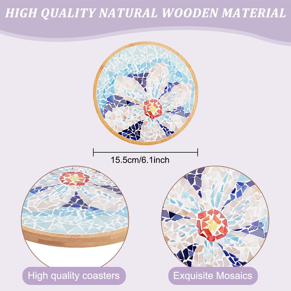WEBEEDY Kit Fai da Te per Mosaico con Sottobicchieri in Bambù - per Adulti e Principianti, Piastrelle in Vetro Stile Blu con Base Rotonda per Sottobicchiere Fatto a Mano
