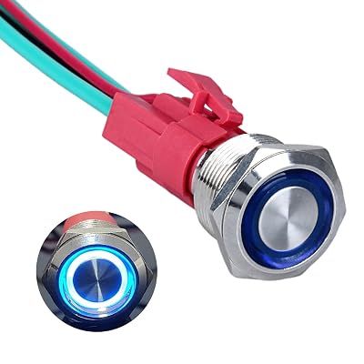 19mm Heavy Duty Latching Metal Push Button Switch Waterproof Anti-Vandal Large Current 20Amp 12V-24V ON-Off 1NO 4 Pins with Pre-Wired Socket for 3/4" Mounting Hole with Halo Ring Blue LED