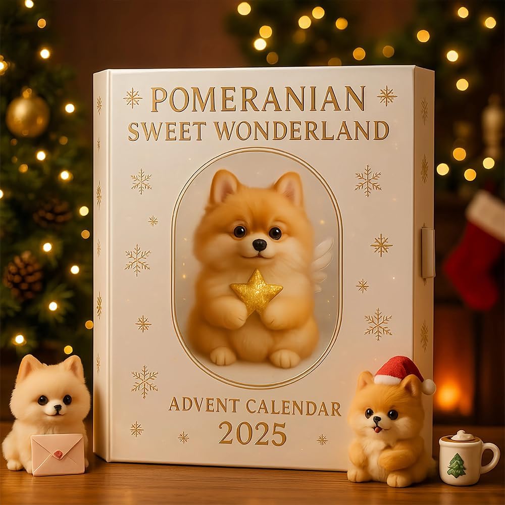 Calendario Dell'avvento 2025 Pomerania Wonderland - 24 Finestrelle Con Statuette Di Cane Pomerania, Decorazione Natalizia Per Amanti Degli Animali