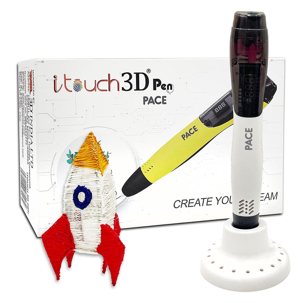 WOL3D I Touch Pace 3D Magic Pen (White) for Kids, Ergonomic Grip, Adjustable, Intelligent Speed & Temperature Regulation, OLED Display Speed, Accepts 1.75mm PLA/ABS Filaments, 0.7mm Nozzle, USB 5V 2A 1