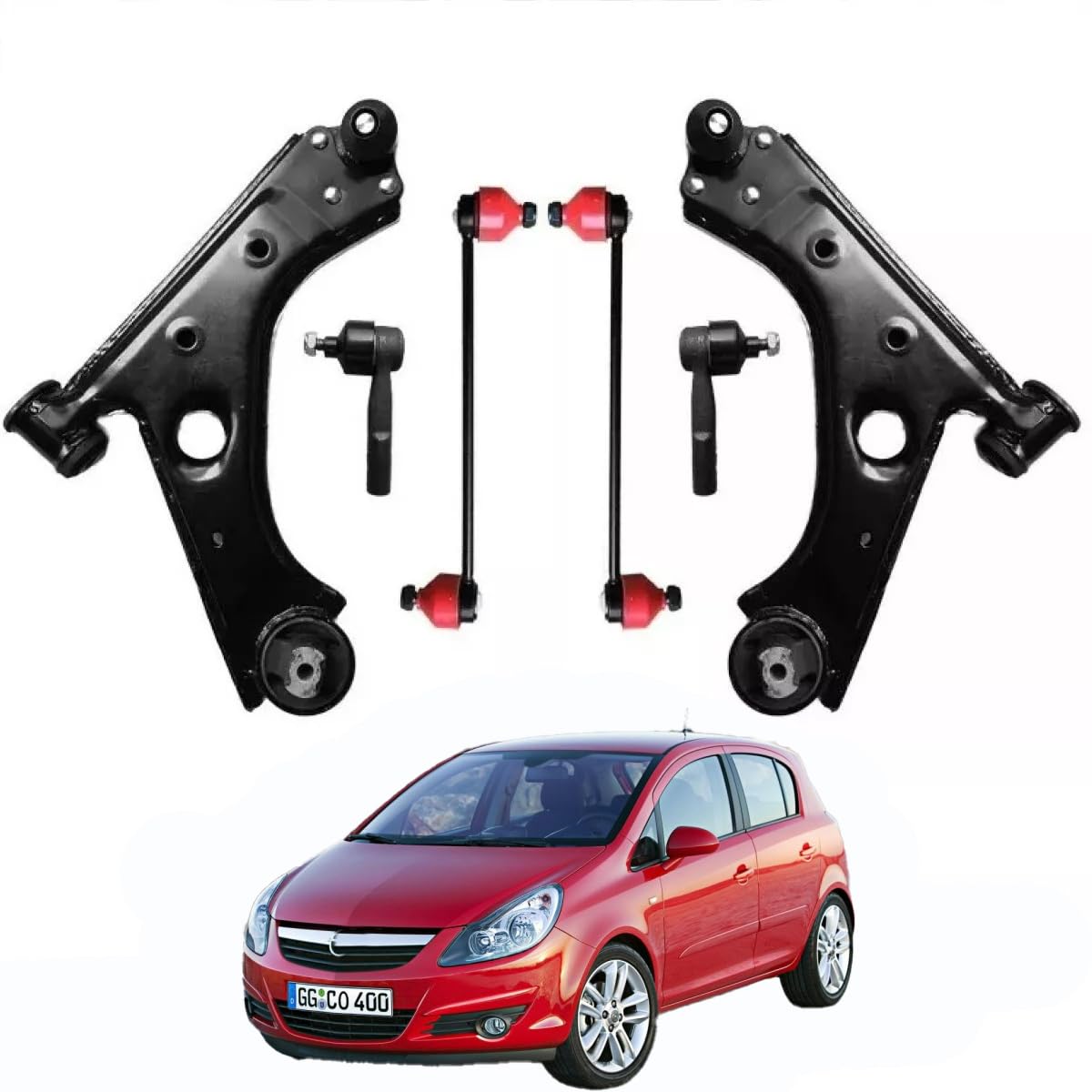 KIT BRACCI SOSPENSIONE ANTERIORE PER AVANTRENO 6 PEZZI - BRACCI + BIELLETTE BARRA STABILIZZATRICE + TESTINE SCATOLA STERZO (Per Opel Corsa D)
