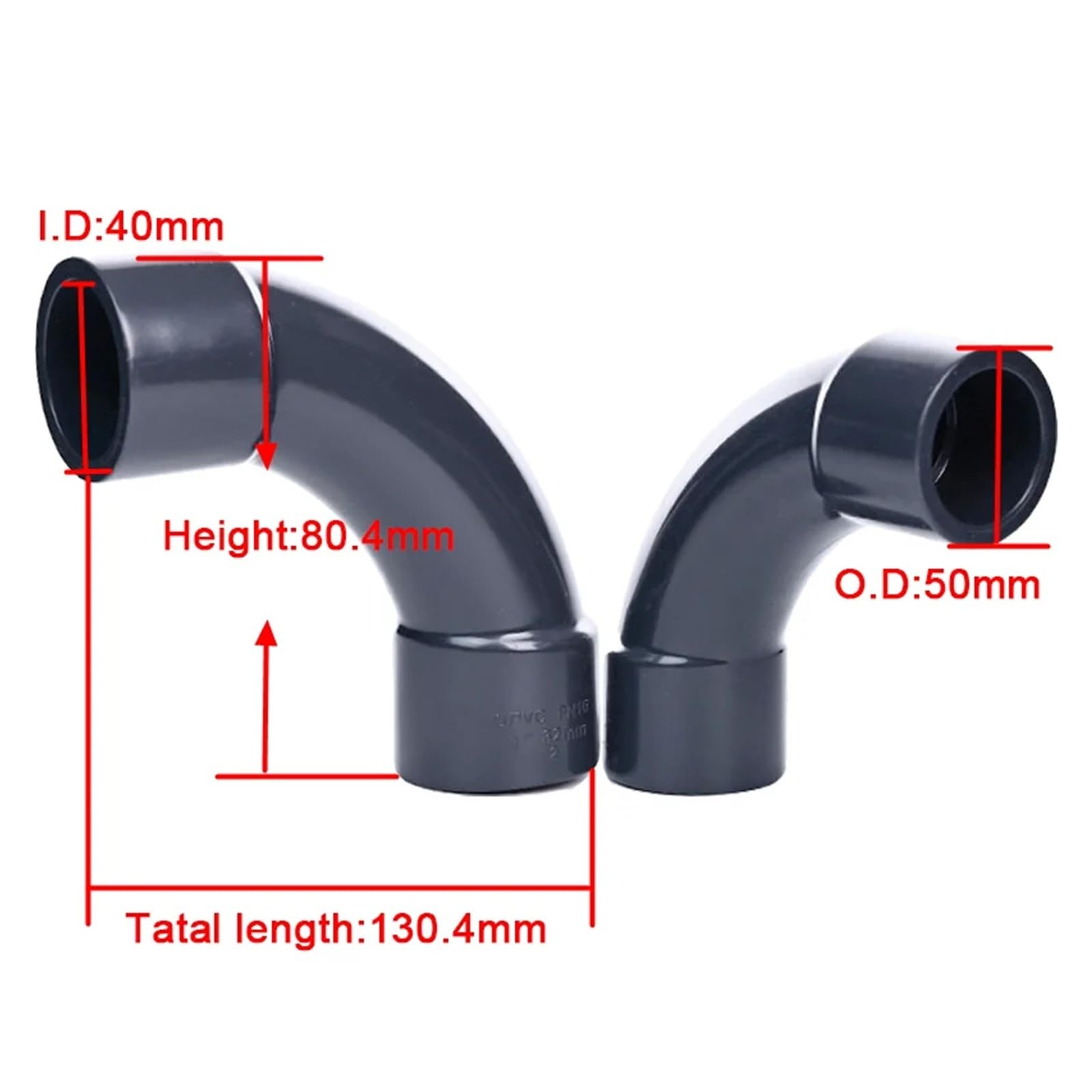 I. D tuyau en PVC en forme de lune UPVC gris foncé, coude à 90 degrés, joint d'eau en plastique lent de 12 pouces, 20~63mm(I.D 40mm)