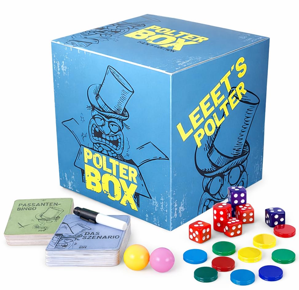 JGA PolterBox Deluxe – Komplettset mit 11 Partyspielen für Junggesellenabschied, 4–20 Spieler – All-in-One JGA Partybox für Polterabend, Aufgaben & Gruppen-Challenges (Men’s Edition)