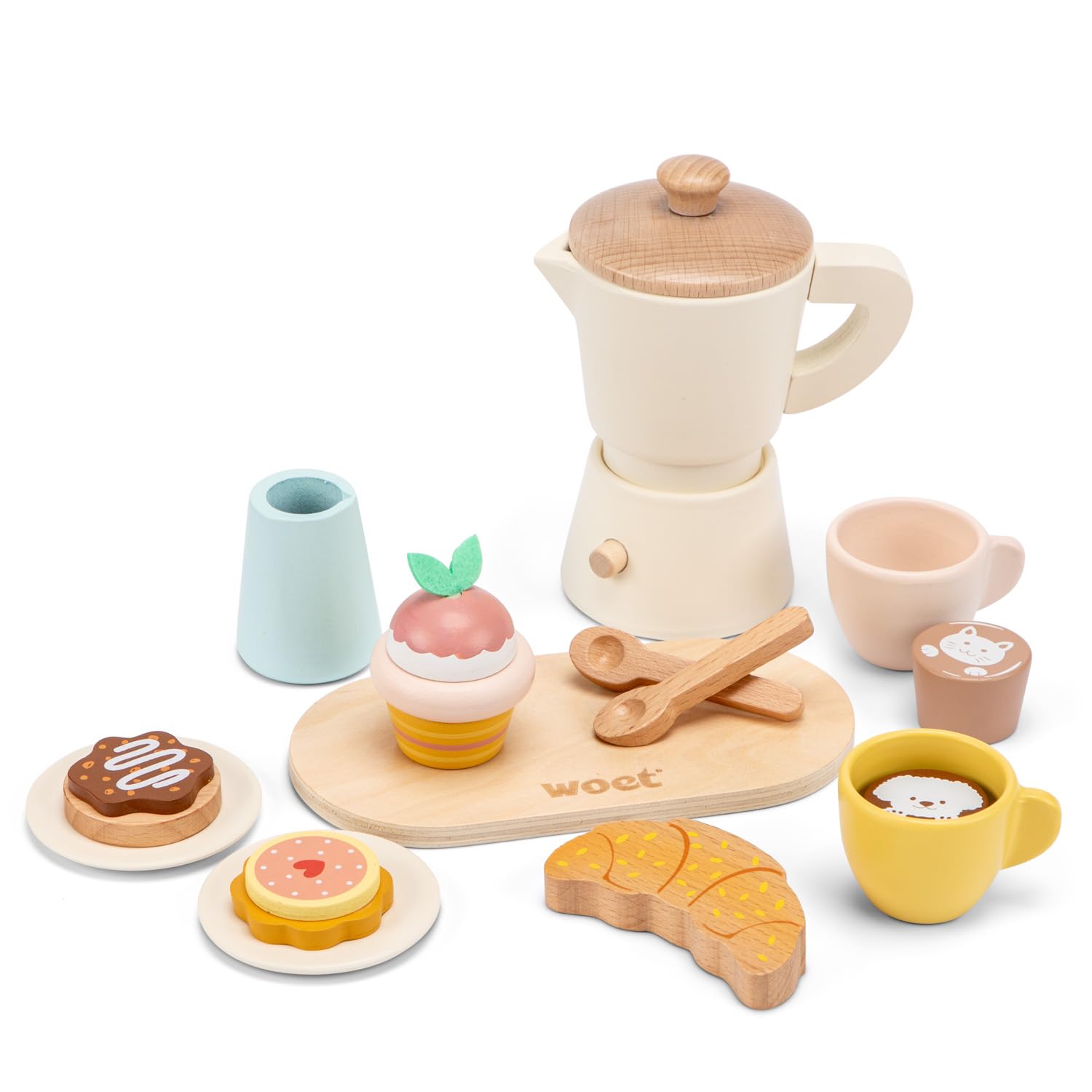 Woet – Wooden Coffee Machine Playset for Kids Age 3+ – 17-Piece FSC Barista Toy with Percolator, Espresso & Pastries – Pretend Café Breakfast Set – Role Play Kitchen Toy Boys and Girls