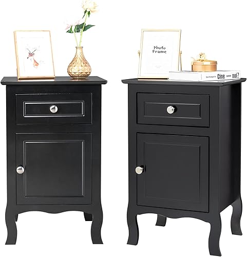 Karl home Juego de 2 mesitas de noche negras con cajón y puerta mesas auxiliares para sala de estar dormitorio sala de estar oficina en casa
