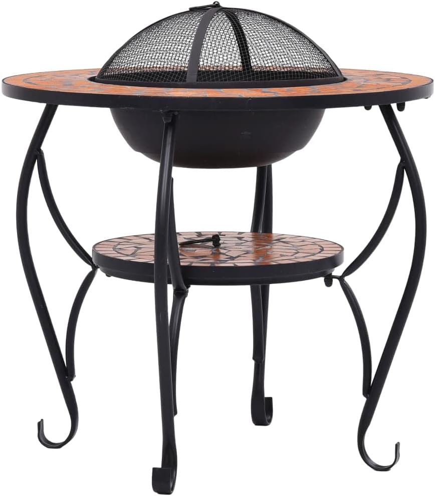 Multifunctional Fire Pit Table, Patio Decorative Table, Round Table for Camping, Outdoor Heating, Campfire and Picnic,Mosaic Fire Pit Table Terracotta 26.8" Ceramic