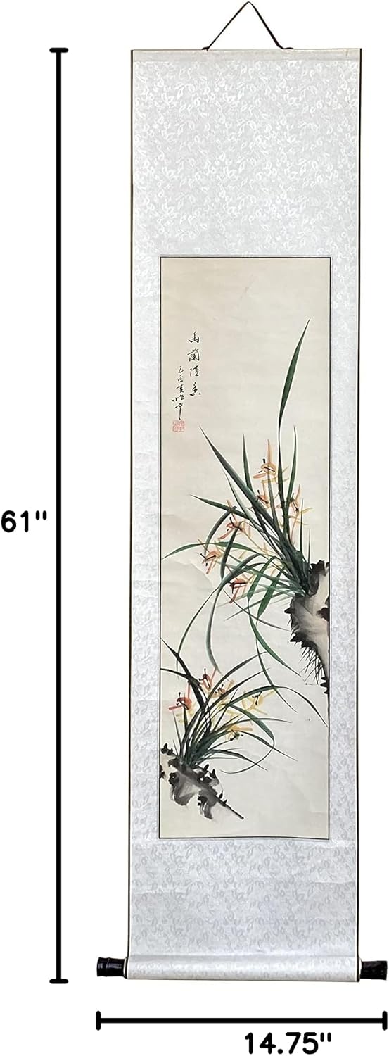 orientliving Chinese Color Ink Green Leaves Flower Scroll Painting Wall Art Aws2237